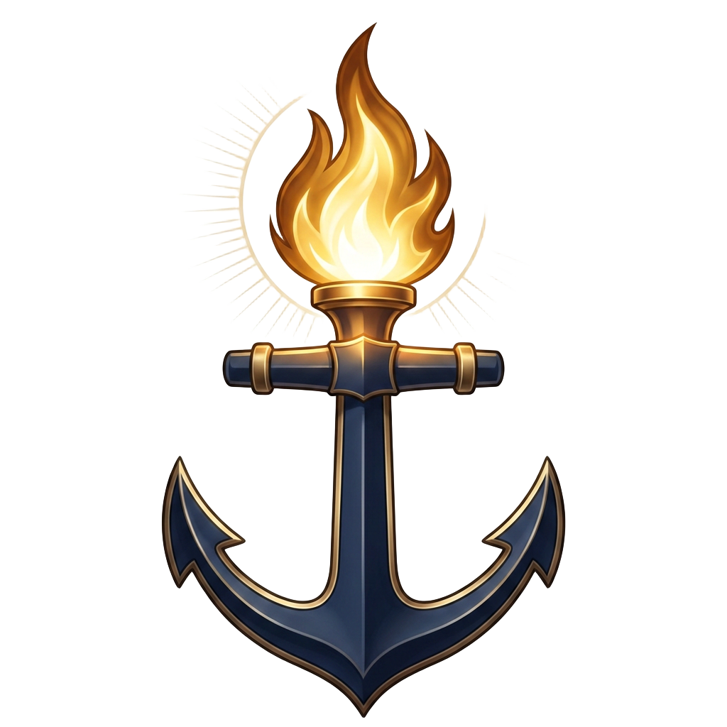 Anchor Lamp logo: a navy anchor crowned with an eternal golden flame
